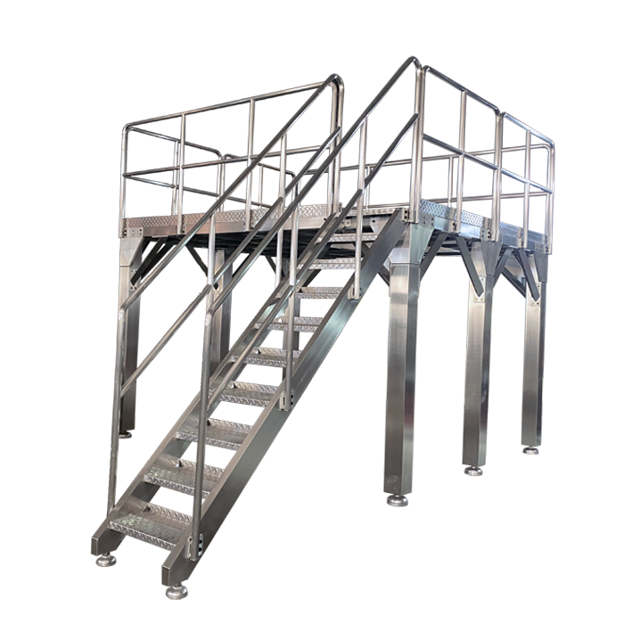Sanitary design mezzanine platform with safety railings for food-grade weigher environments